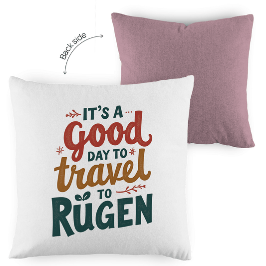 Kissenhülle 40x40 mit A GOOD DAY TO TRAVEL TO RÜGEN Print. Stoff-Farbe: red-white. Fernweh zum Anfassen? travelprint4U.de