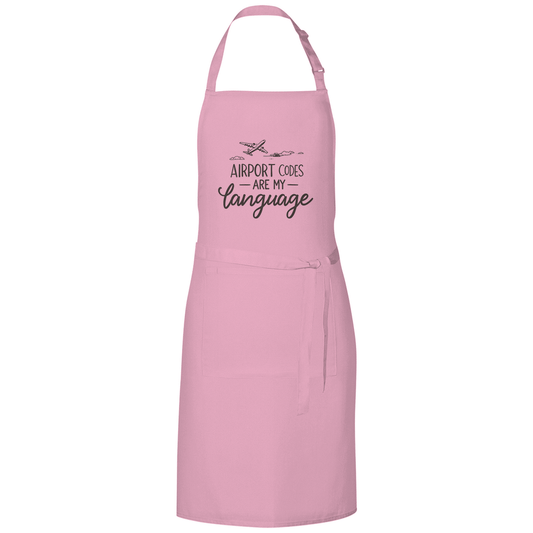 Kochschürze mit Print: AIRPORT CODES ARE MY LANGUAGE. Stoff-Farbe: Pink. Fernweh zum Anfassen? travelPrint4U.de