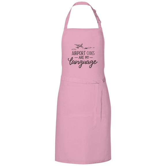 Kochschürze mit Print: AIRPORT CODES ARE MY LANGUAGE. Stoff-Farbe: Pink. Fernweh zum Anfassen? travelPrint4U.de