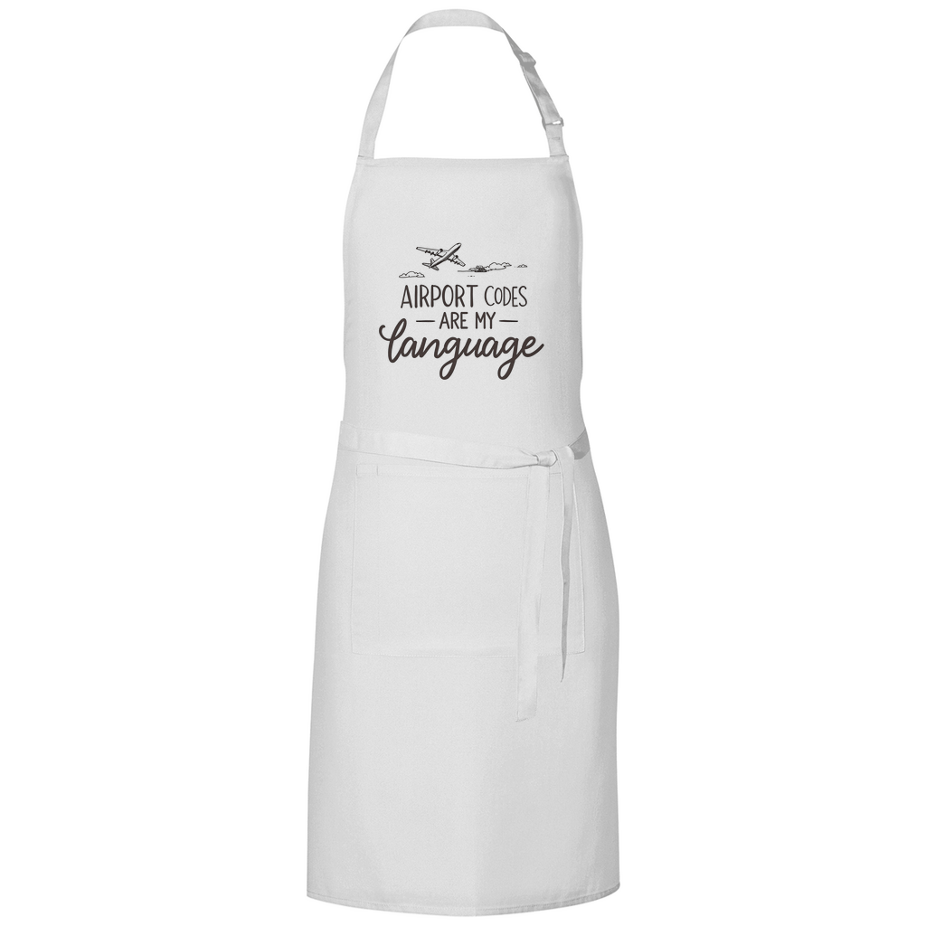 Kochschürze mit Print: AIRPORT CODES ARE MY LANGUAGE. Stoff-Farbe: White. Fernweh zum Anfassen? travelPrint4U.de