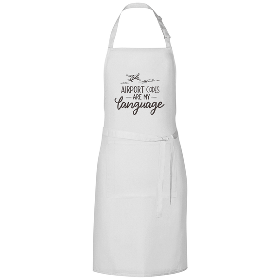 Kochschürze mit Print: AIRPORT CODES ARE MY LANGUAGE. Stoff-Farbe: White. Fernweh zum Anfassen? travelPrint4U.de