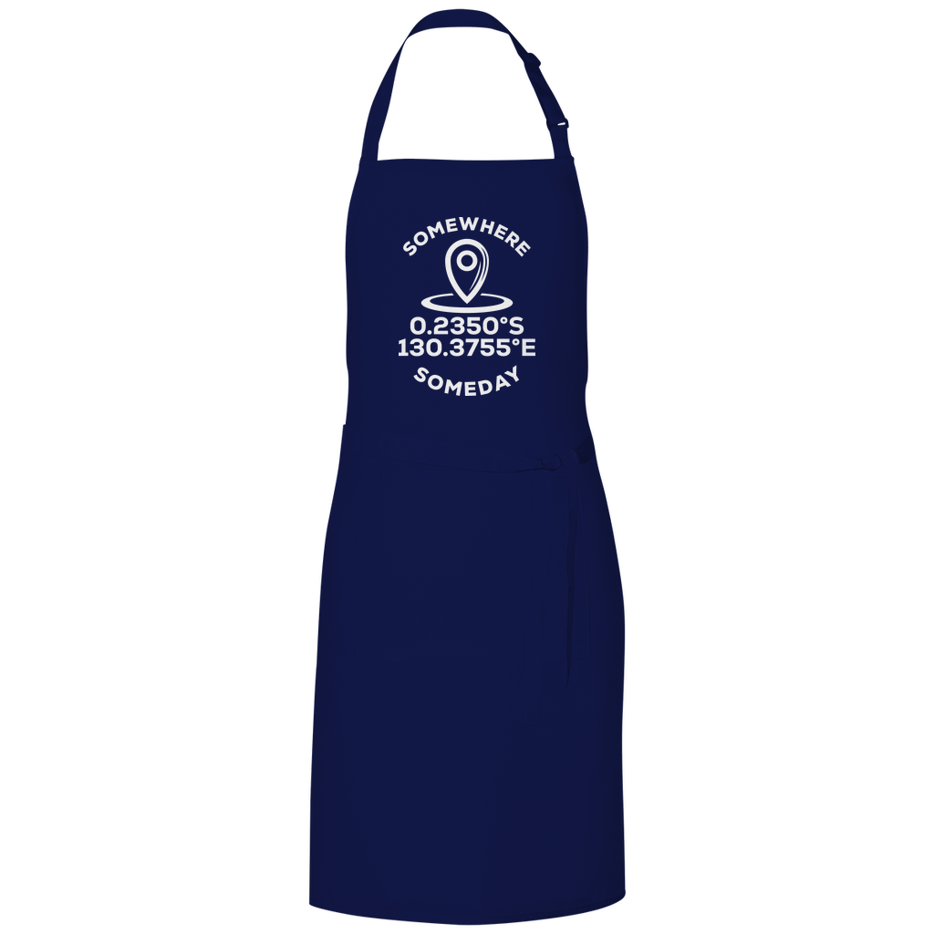 Kochschürze mit Koordinaten-Print und SOMEWHERE SOMEDAY Text (weiss). Grundfarbe: Navy. Fernweh zum Anfassen? travelPrint4U