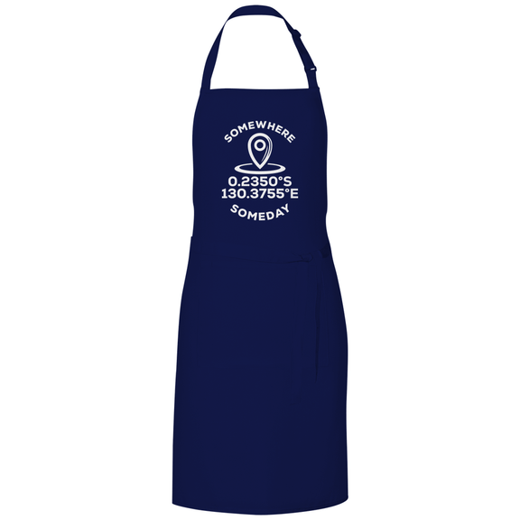 Kochschürze mit Koordinaten-Print und SOMEWHERE SOMEDAY Text (weiss). Grundfarbe: Navy. Fernweh zum Anfassen? travelPrint4U