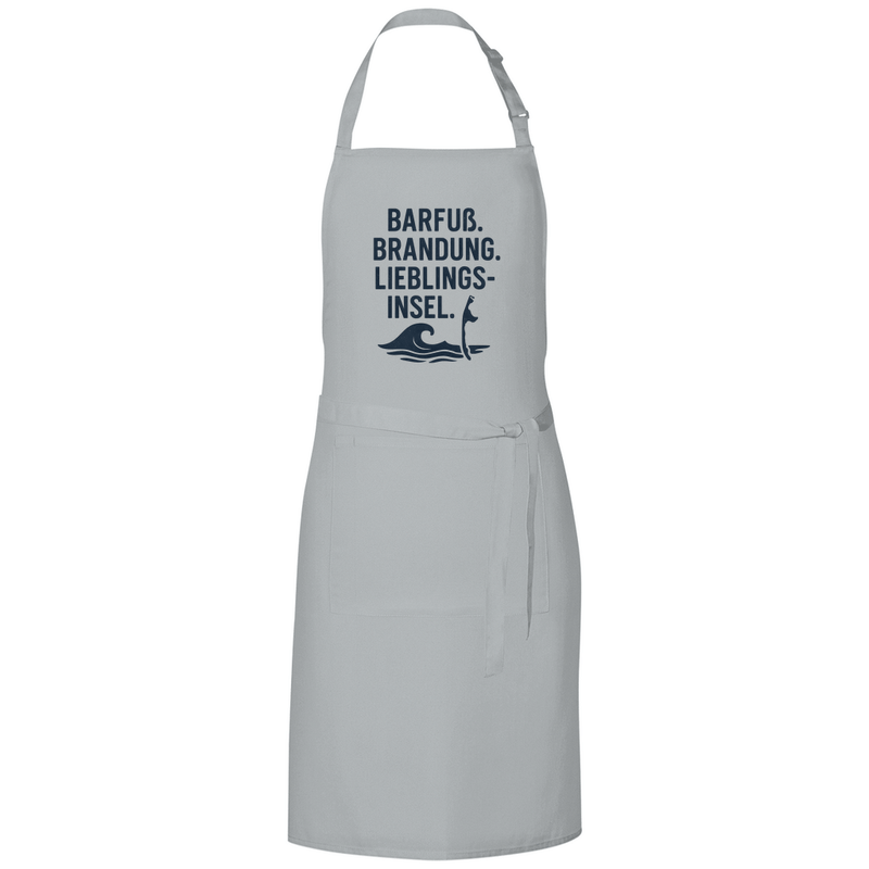 Kochschürze mit LIEBLINGSINSEL SYLT Design in schwarz. Stoff-Farbe: Pale Grey. Fernweh zum Anfassen? travelPrint4U.de