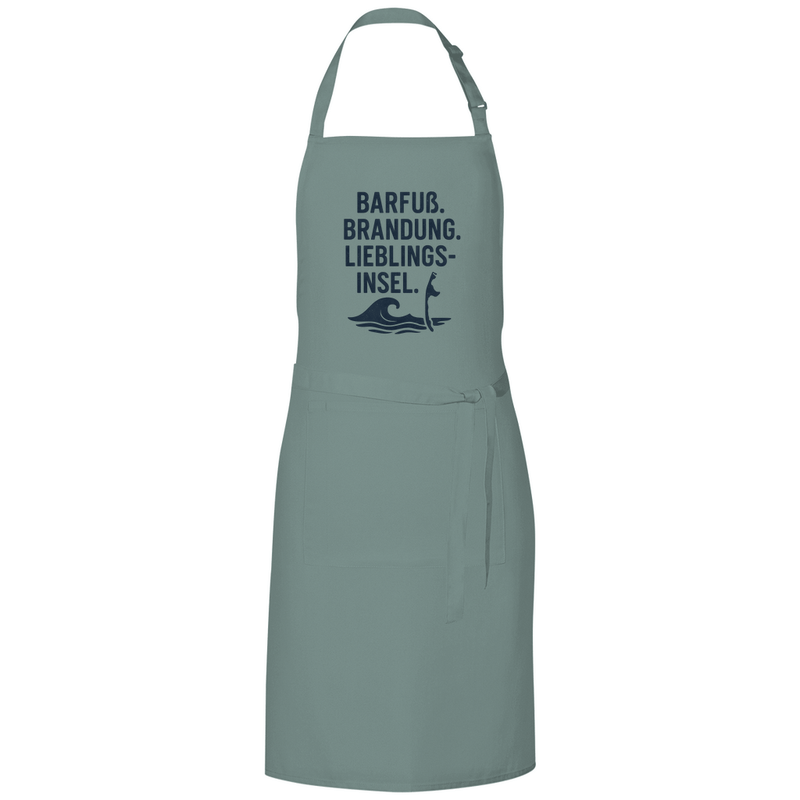 Kochschürze mit LIEBLINGSINSEL SYLT Design in schwarz. Stoff-Farbe: Sage Green. Fernweh zum Anfassen? travelPrint4U.de