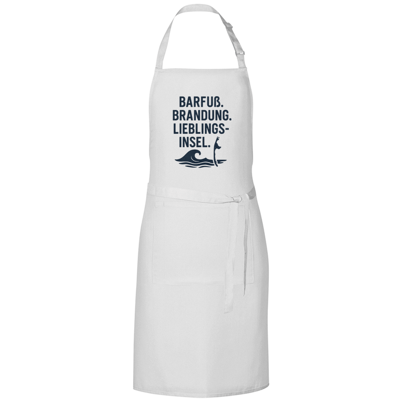 Kochschürze mit LIEBLINGSINSEL SYLT Design in schwarz. Stoff-Farbe: White. Fernweh zum Anfassen? travelPrint4U.de