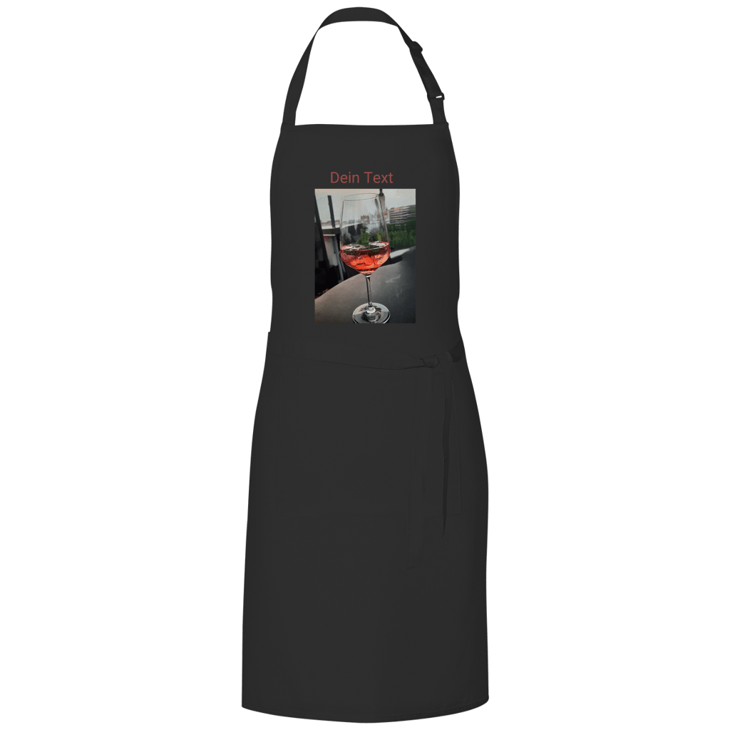 Schwarze Kochschürze mit indiv. Foto. Hier: Glas Aperol mit Eiswürfel. Fernweh zum Anziehen? travelPrint4U.de