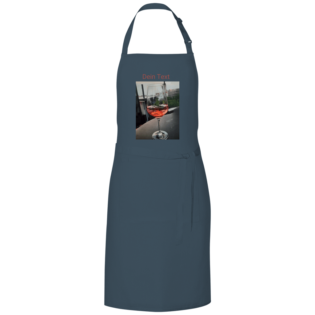 Graue Kochschürze mit indiv. Foto. Hier: Glas Aperol mit Eiswürfel. Fernweh zum Anziehen? travelPrint4U.de