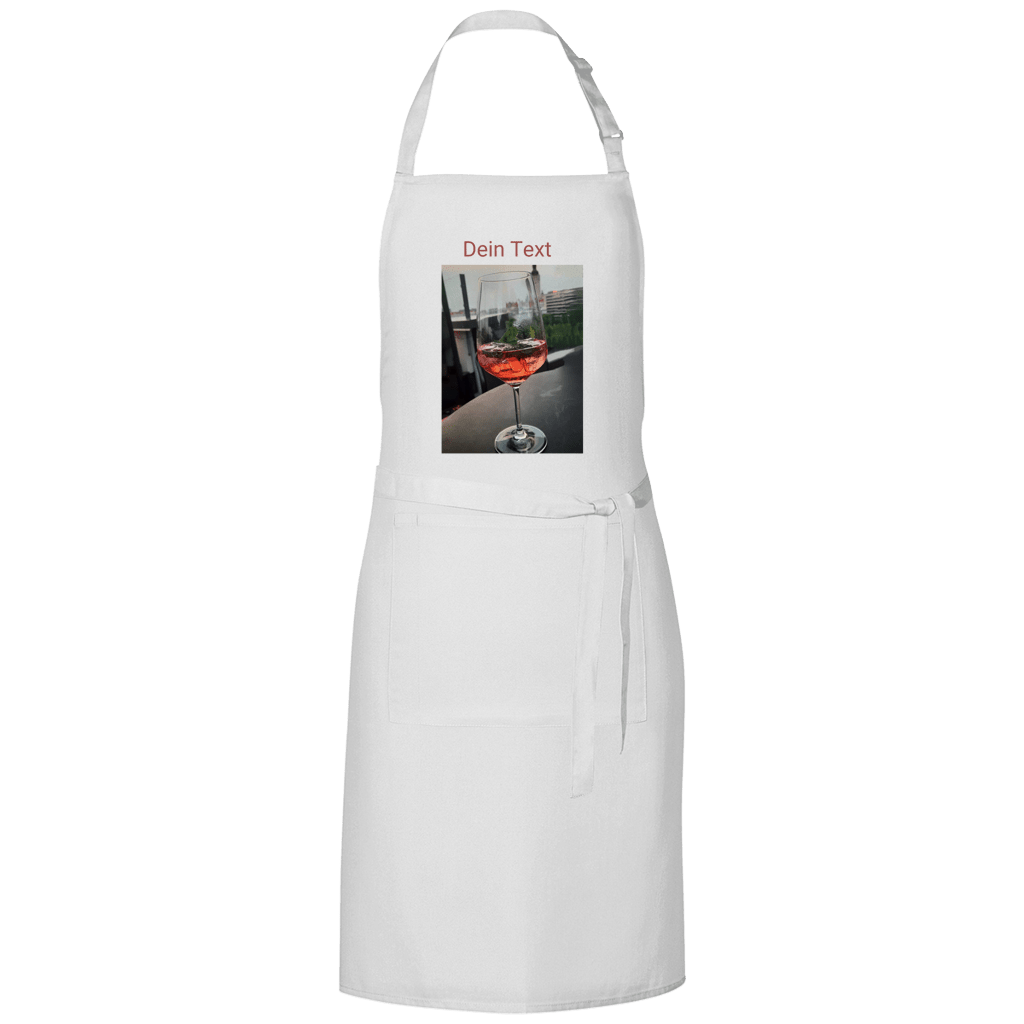 Weisse Kochschürze mit indiv. Foto. Hier: Glas Aperol mit Eiswürfel. Fernweh zum Anziehen? travelPrint4U.de