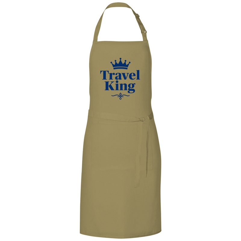 Kochschürze mit TRAVEL KING Aufdruck in blau. Stoff-Farbe: Khaki. Fernweh zum Anfassen? travelPrint4U.de