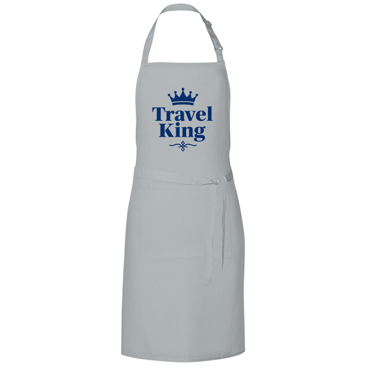 Kochschürze mit TRAVEL KING Aufdruck in blau. Stoff-Farbe: Pale Grey. Fernweh zum Anfassen? travelPrint4U.de