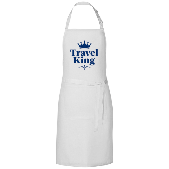 Kochschürze mit TRAVEL KING Aufdruck in blau. Stoff-Farbe: White. Fernweh zum Anfassen? travelPrint4U.de