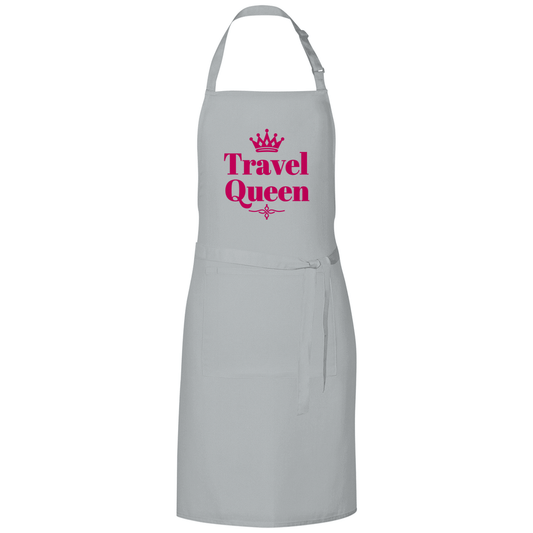 Kochschürze mit dem Aufdruck TRAVEL QUEEN (pink). Stoff-Farbe: Pale Grey. Fernweh zum Anziehen? travelPrint4U.de