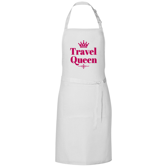 Kochschürze mit dem Aufdruck TRAVEL QUEEN (pink). Stoff-Farbe: White. Fernweh zum Anziehen? travelPrint4U.de