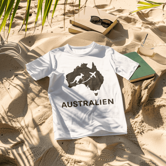 Vorschaubild der Kollektion für den Kontinent AUSTRALIEN. Weißes T-Shirt im Sand mit Name des Kontinents.