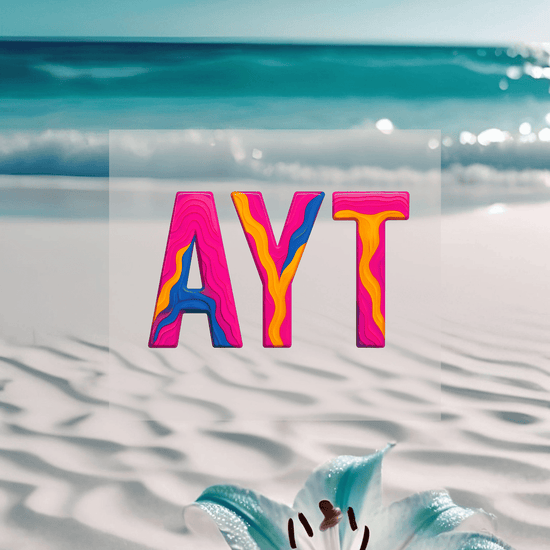 KI Hintergrund türkisfarbenes Wasser mit Design des bunten AYT Airport Code. Fernweh zum Anziehen? travelPrint4U.de
