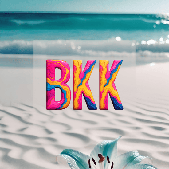KI Hintergrund türkisfarbenes Wasser mit Design des bunten BKK Airport Code. Fernweh zum Anziehen? travelPrint4U.de