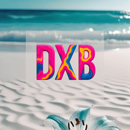 KI Hintergrund türkisfarbenes Wasser mit Design des bunten DXB Airport Code. Fernweh zum Anziehen? travelPrint4U.de