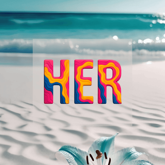 KI Hintergrund türkisfarbenes Wasser mit Design des HER Airport Code. Fernweh zum Anziehen? travelPrint4U.de