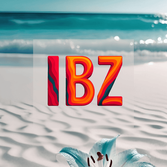 KI Hintergrund türkisfarbenes Wasser mit Design des IBZ Airport Code. Fernweh zum Anziehen? travelPrint4U.de