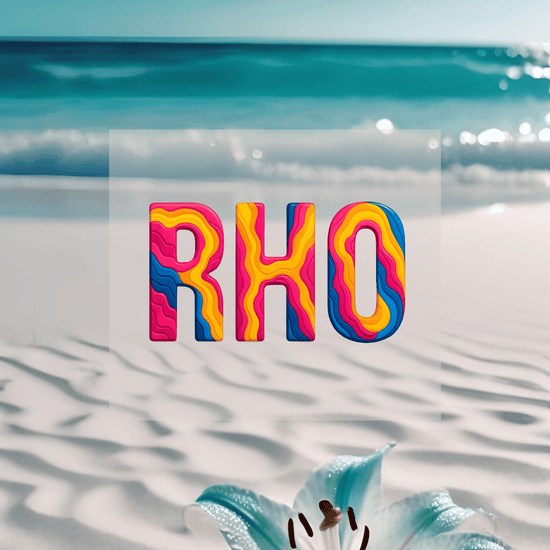 KI Hintergrund türkisfarbenes Wasser mit Design des RHO Airport Code. Fernweh zum Anziehen? travelPrint4U.de