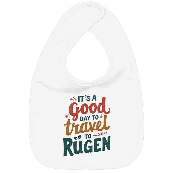 Weisses Lätzchen mit verspieltem rot, gelb und grünem Schriftzug. Ab an die Ostsee? Los geht’s für kleine Abenteurer!