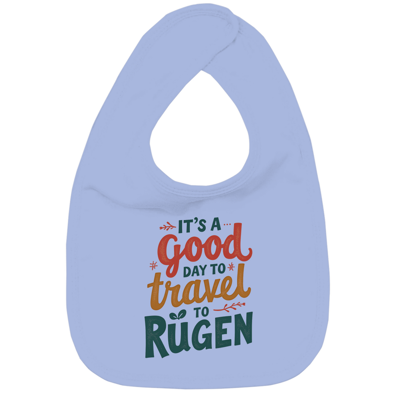Lätzchen mit A GOOD DAY TO TRAVEL TO RÜGEN Print. Stoff-Farbe: Dusty Blue. Fernweh zum Anfassen? travelPrint4U.de