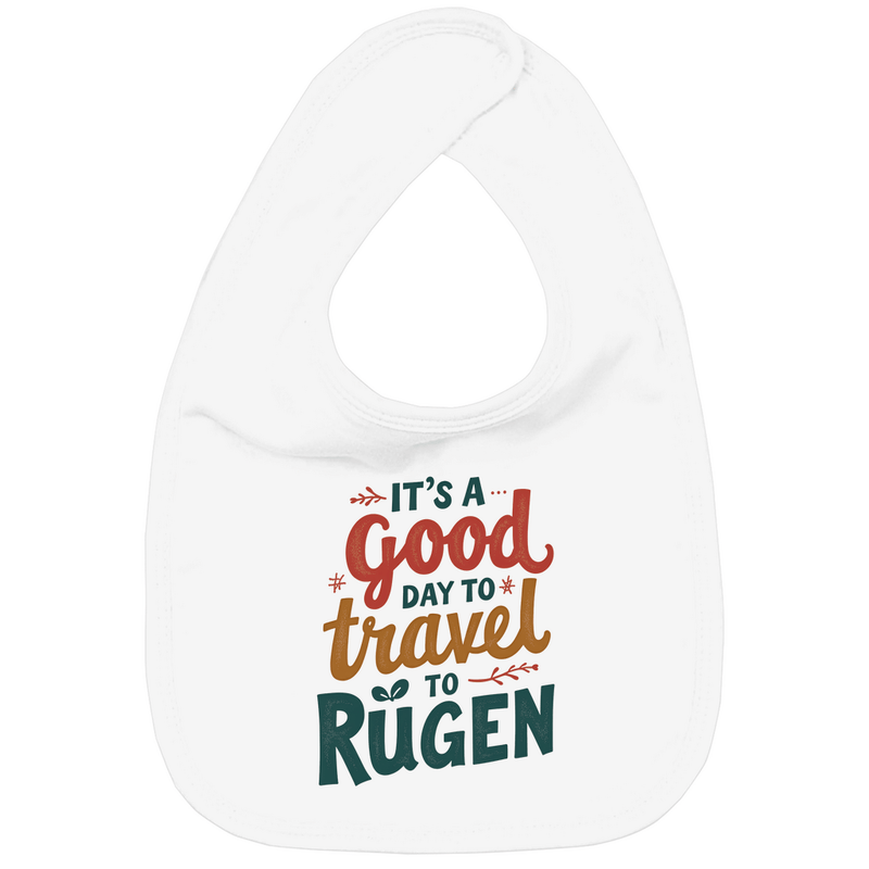 Lätzchen mit A GOOD DAY TO TRAVEL TO RÜGEN Print. Stoff-Farbe: White. Fernweh zum Anfassen? travelPrint4U.de
