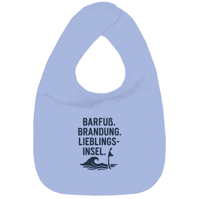 Lätzchen mit LIEBLINGSINSEL SYLT Design in schwarz. Stoff-Farbe: Dusty Blue. Fernweh zum Anfassen? travelPrint4U.de