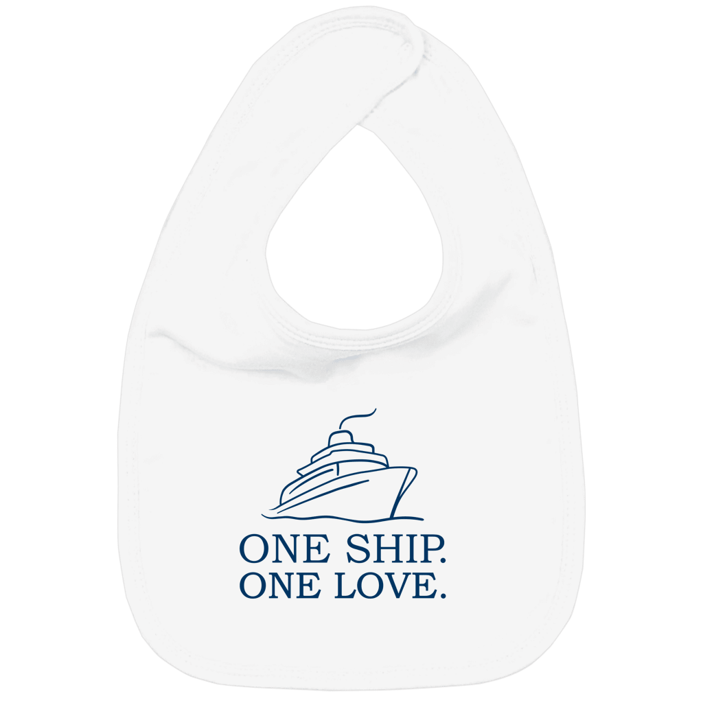 Weisses Lätzchen mit Print: ONE SHIP. ONE LOVE-Print und Schiffgrafik. Fernweh zum Anziehen? travelPrint4U.de