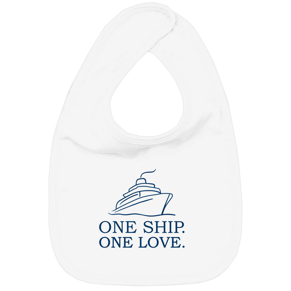 Weisses Lätzchen mit Print: ONE SHIP. ONE LOVE-Print und Schiffgrafik. Fernweh zum Anziehen? travelPrint4U.de