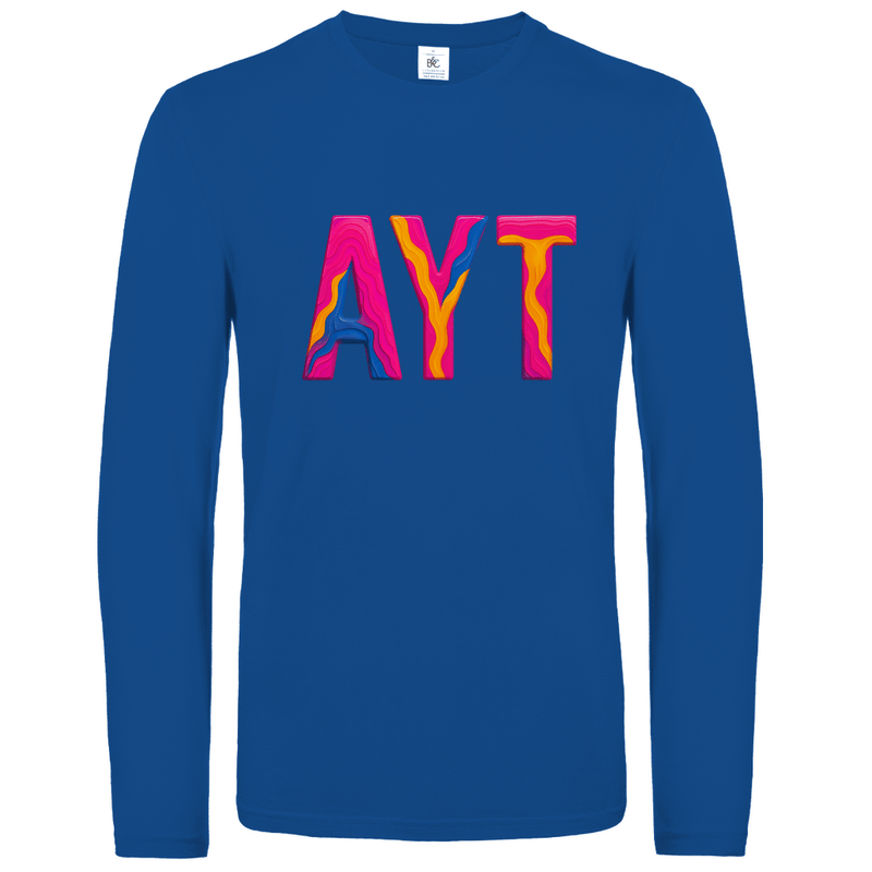 Longsleeve mit buntem AYT Print für Airport-Code ANTALYA. Stoff-Farbe: Royal Blue. Fernweh zum Anziehen? travelPrint4U.de