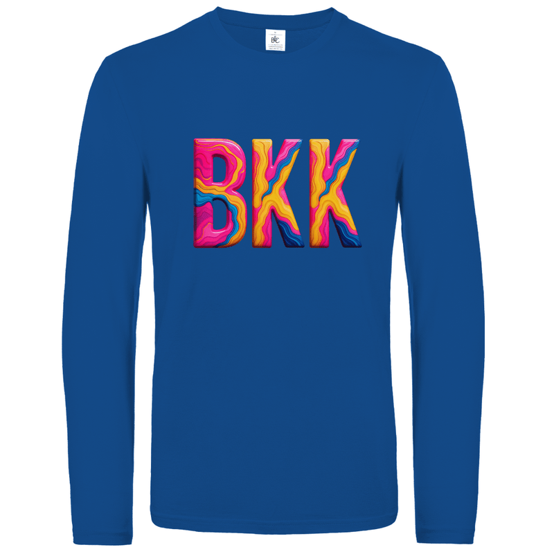 Longsleeve mit buntem BKK Print für Airport-Code BANGKOK. Stoff-Farbe: Royal Blue. Fernweh zum Anziehen? travelPrint4U.de