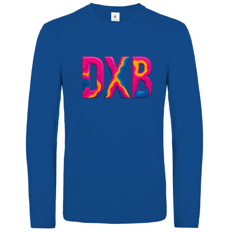 Longsleeve mit buntem DXB Print für Airport-Code DUBAI. Stoff-Farbe: Royal Blue. Fernweh zum Anziehen? travelPrint4U.de