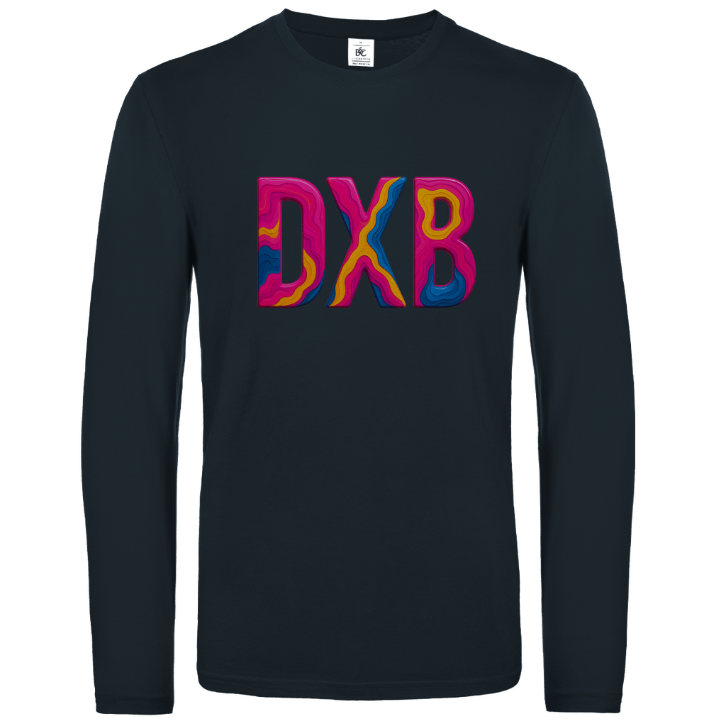 Longsleeve mit buntem DXB Print für Airport-Code DUBAI. Stoff-Farbe: Dark Grey. Fernweh zum Anziehen? travelPrint4U.de