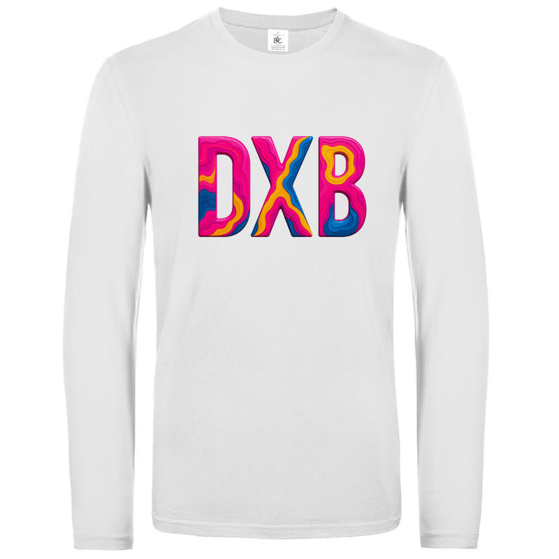 Longsleeve mit buntem DXB Print für Airport-Code DUBAI. Stoff-Farbe: White. Fernweh zum Anziehen? travelPrint4U.de