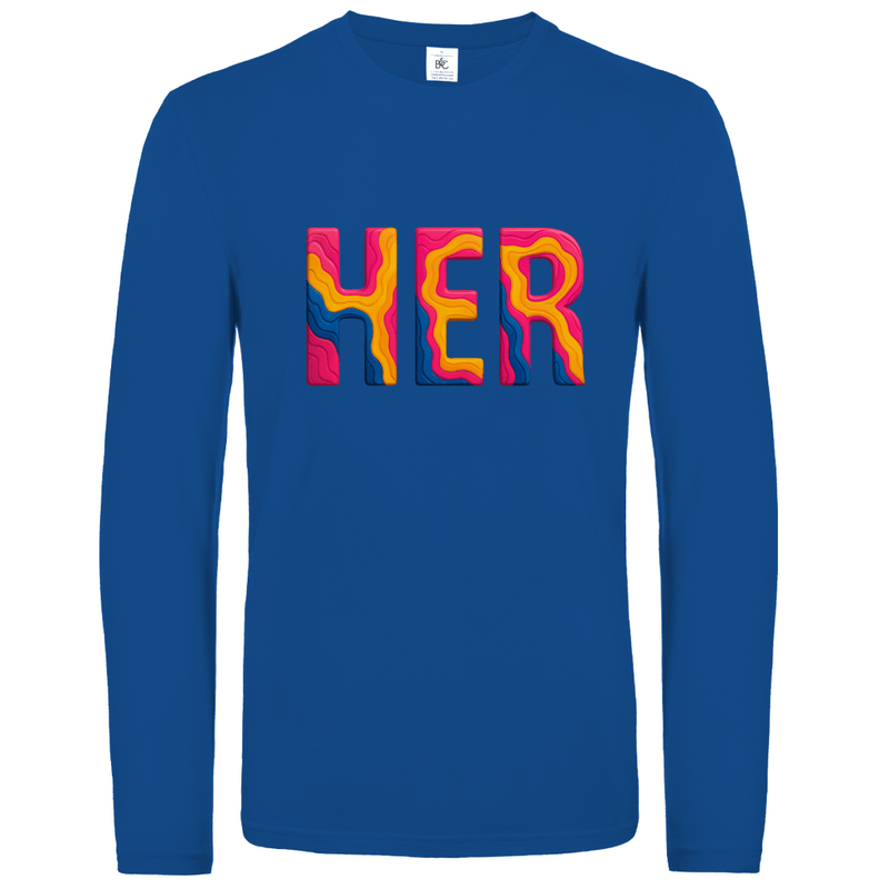 Longsleeve mit buntem HER Print für Airport-Code HERAKLION. Stoff-Farbe: Royal Blue. Fernweh zum Anziehen? travelPrint4U.de