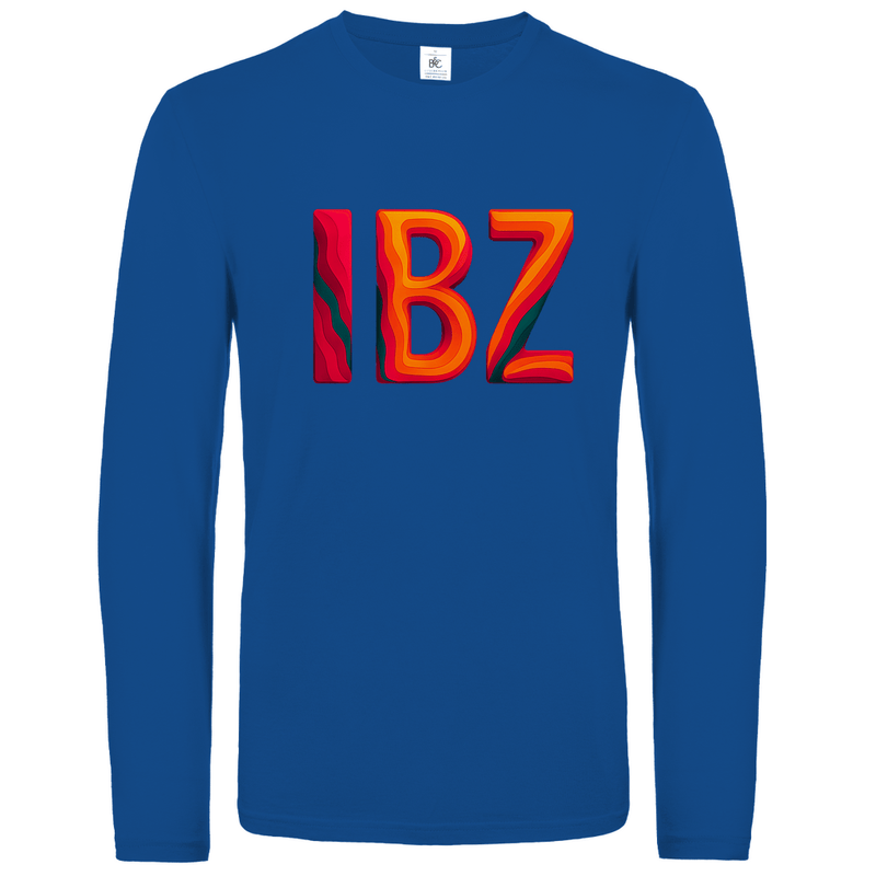 Longsleeve mit buntem IBZ Print für Airport-Code IBIZA. Stoff-Farbe: Royal Blue. Fernweh zum Anziehen? travelPrint4U.de