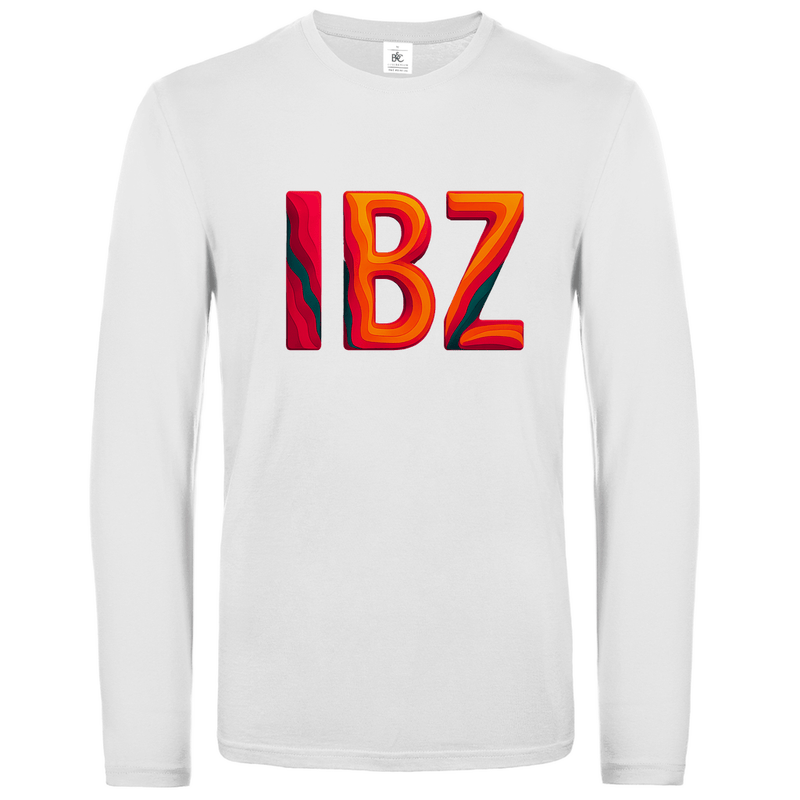 Longsleeve mit buntem IBZ Print für Airport-Code IBIZA. Stoff-Farbe: White. Fernweh zum Anziehen? travelPrint4U.de