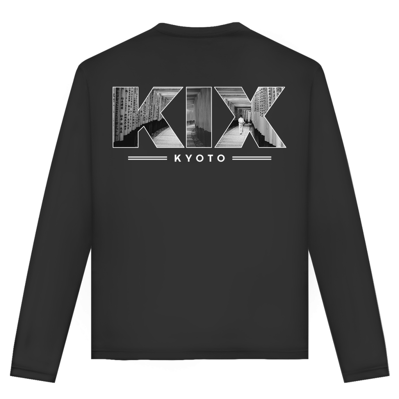 Unisex Langarmshirt mit KIX Airport Code Kyoto. Farbe Black. Fernweh zum Anziehen von travelPrint4U.de