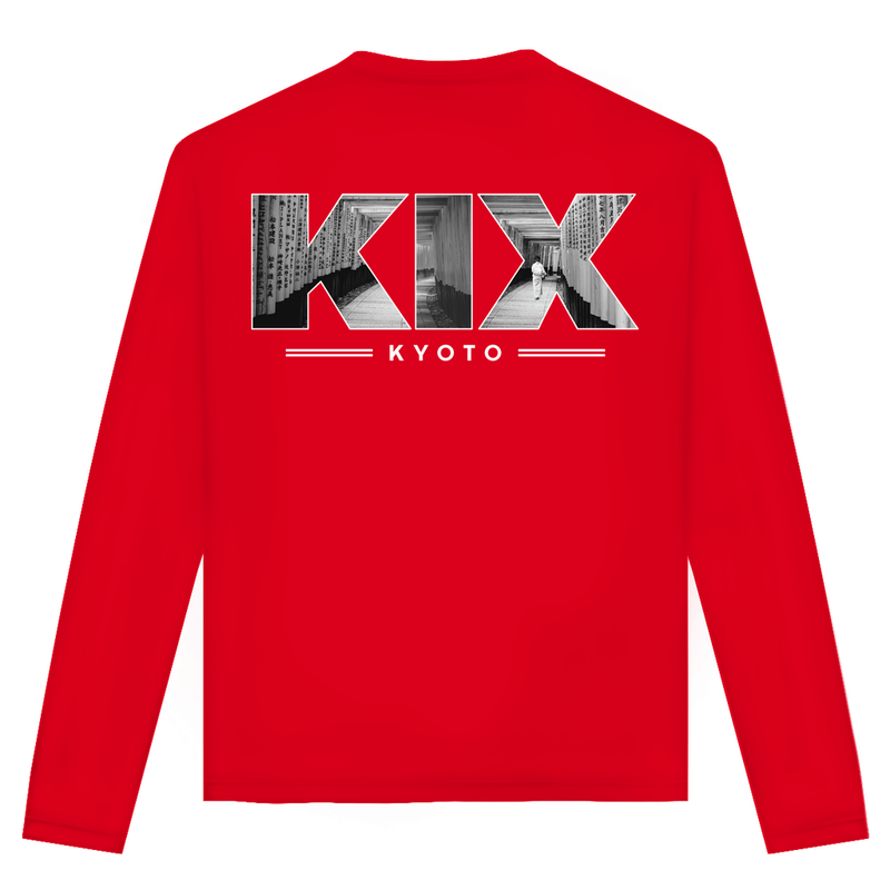 Unisex Langarmshirt mit KIX Airport Code Kyoto. Farbe Red. Fernweh zum Anziehen von travelPrint4U.de