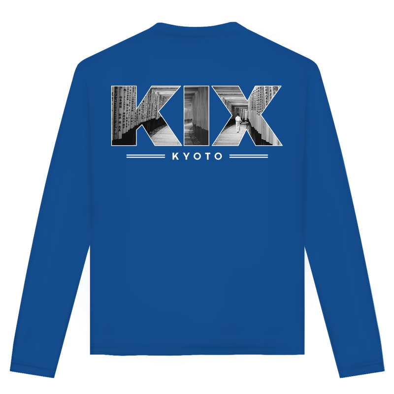 Unisex Langarmshirt mit KIX Airport Code Kyoto. Farbe Royal. Blue Fernweh zum Anziehen von travelPrint4U.de