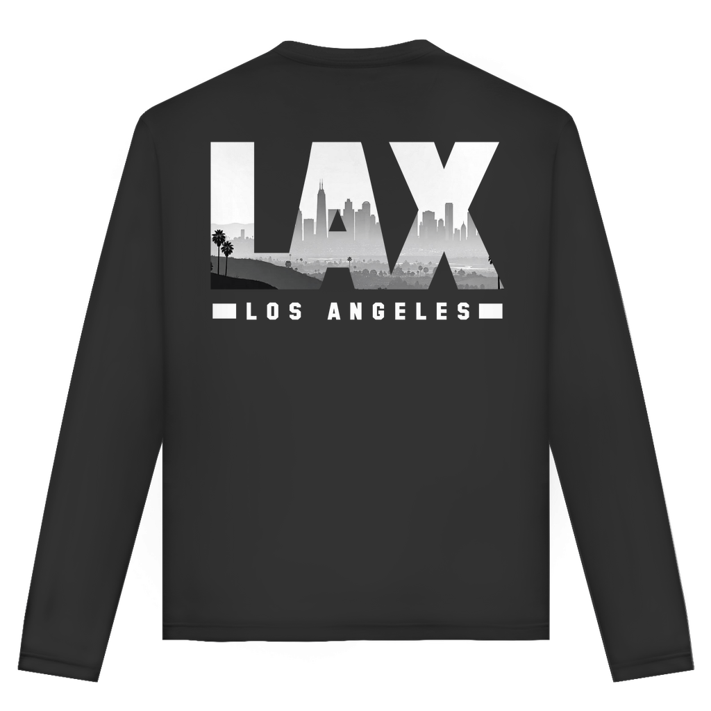 Unisex Langarmshirt mit LAX Airport Code Los Angeles. Farbe Black. Fernweh zum Anziehen von travelPrint4U.de