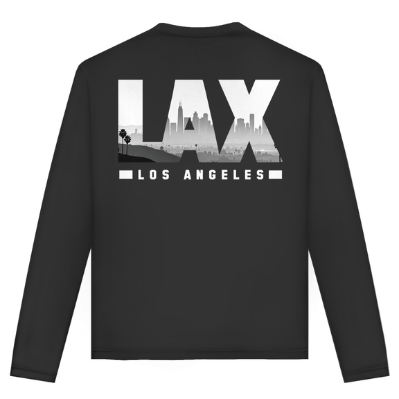 Unisex Langarmshirt mit LAX Airport Code Los Angeles. Farbe Black. Fernweh zum Anziehen von travelPrint4U.de