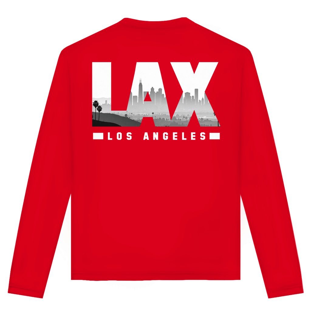Unisex Langarmshirt mit LAX Airport Code Los Angeles. Farbe Red. Fernweh zum Anziehen von travelPrint4U.de