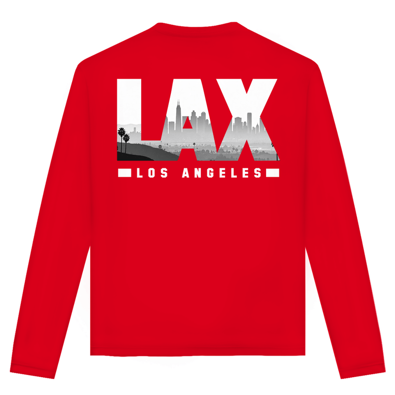 Unisex Langarmshirt mit LAX Airport Code Los Angeles. Farbe Red. Fernweh zum Anziehen von travelPrint4U.de