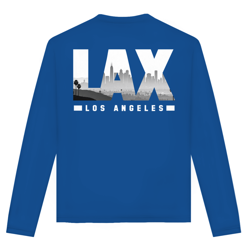 Unisex Langarmshirt mit LAX Airport Code Los Angeles. Farbe Royal. Fernweh zum Anziehen von travelPrint4U.de