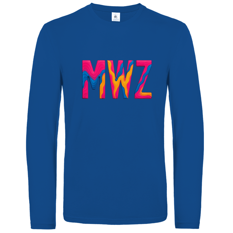 Longsleeve mit buntem MWZ Print für Airport-Code MWANZA. Stoff-Farbe: Royal Blue. Fernweh zum Anziehen? travelPrint4U.de