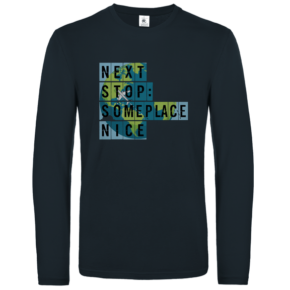 Longsleeve für Damen und Herren mit NEXT STOP SOMEPLACE NICE Print. Stoff: Dark Grey. Fernweh zum Anziehen? travelPrint4U.de