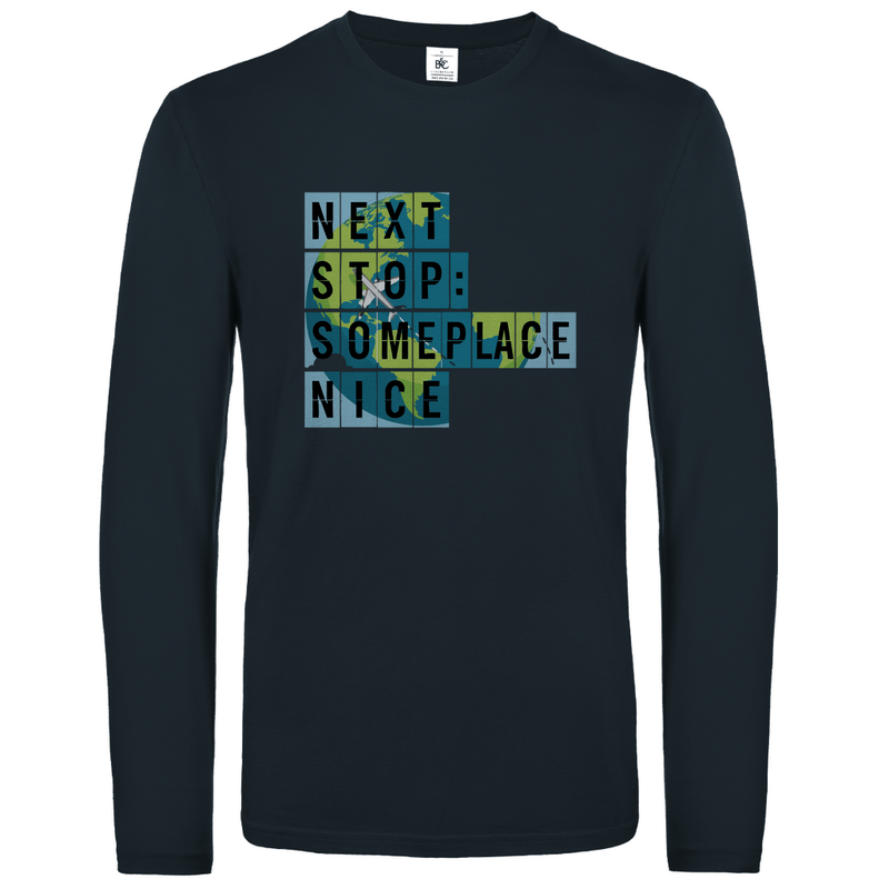 Longsleeve für Damen und Herren mit NEXT STOP SOMEPLACE NICE Print. Stoff: Dark Grey. Fernweh zum Anziehen? travelPrint4U.de